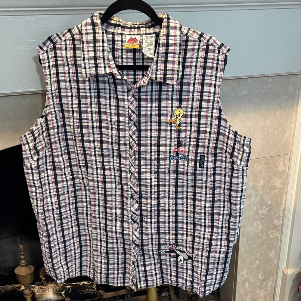 Warner Bros. Looney Tunes Plaid Shirt - White, Navy, Pink ,size 22 24